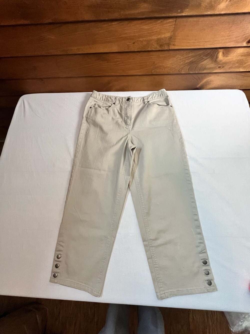 Talbots Stretch Beige Cotton Snap Hem Crop Pants Size 10